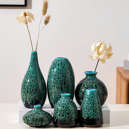 Ceramic Bud Vase Set, Fambe Blue Glazed Finish, Decorative Flower Vases (Blue-Set of 6)