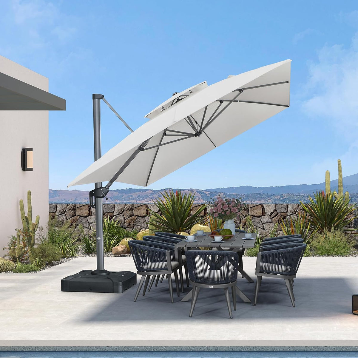 PURPLE LEAF Cantilever Umbrella 10' X 13' Outdoor Double Top Large Rectangle Heavy Duty 360° Rotation Offset Sun Shade Umbrella for Garden Patio Deck Pool Backyard Canvas Natural