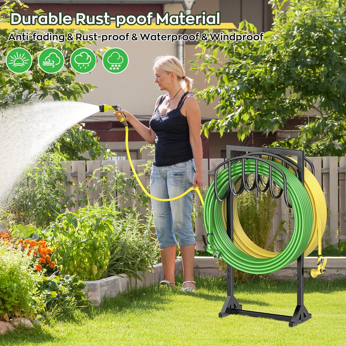 Garden Water Hose Holder Holds 2 * 150Ft Hoses, Heavy-Duty Metal Freestanding Hose Holder with 4 Spikes, Rustproof Garden Hose Reels Hose Hanger Storage for Outside, Yard, Lawn, Farm, Black