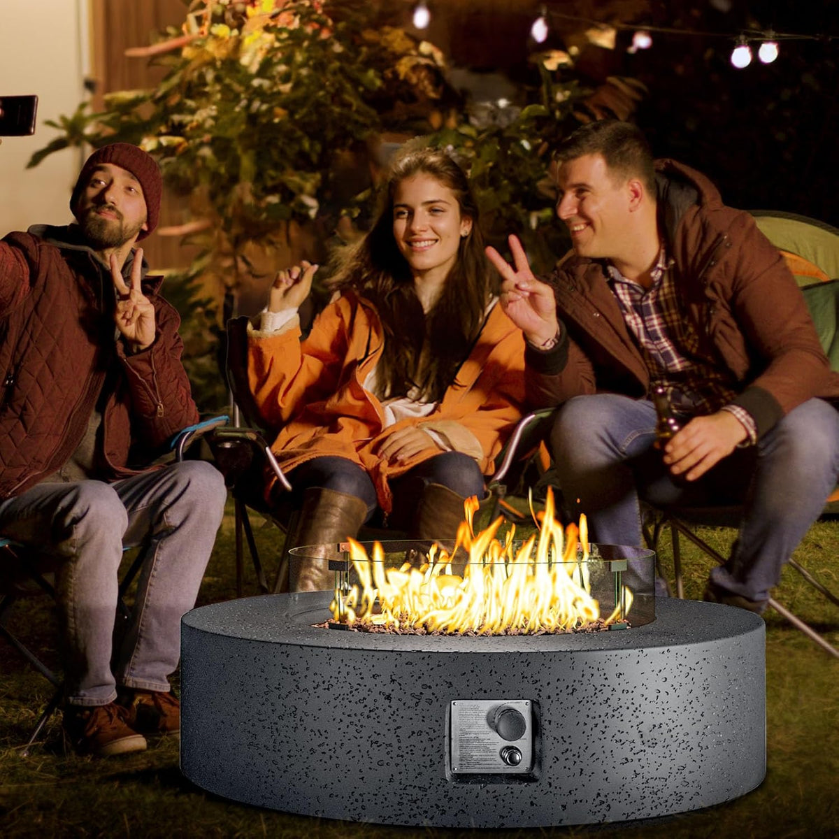 COSIEST 42 inch Outdoor Propane Fire Pit Coffee Table w Concrete Round Base Patio Heater, CSA Certified, 50,000 BTU Stainless Steel Burner, Free Lava Rocks, Rain Cover, Wind Guard, Tank Cover, Gray