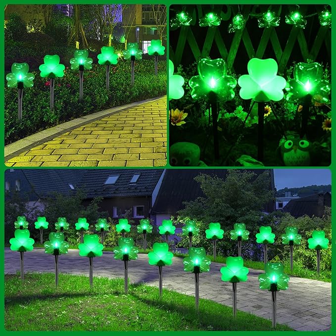 2*4 Pack LED St. Patricks Shamrock Pathway Lights for St. Patricks Day Decorations, Green Lucky Clover Pathway Stake Lights Outdoor Waterproof, UL Certified for Lawn Yard Walkway Irish Decor, Plug In