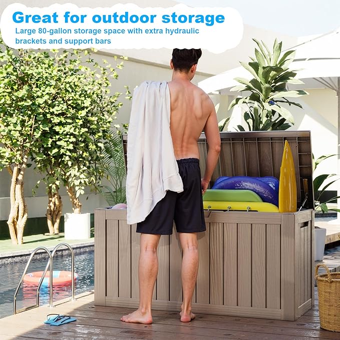80 Gallon Outdoor Deck Box,Storage Lockable Waterproof Patio Furniture,Garden Tools,Cushions,Pool Accessories Outside Storage Resin Box(Gery)