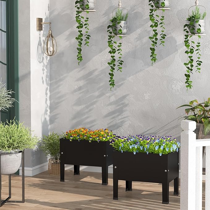 aboxoo 14 inch Black Planter Raised Beds with Legs Outdoor Small Metal Planter Box Elevated Garden Bed for Vegetables Flower Herb Patio