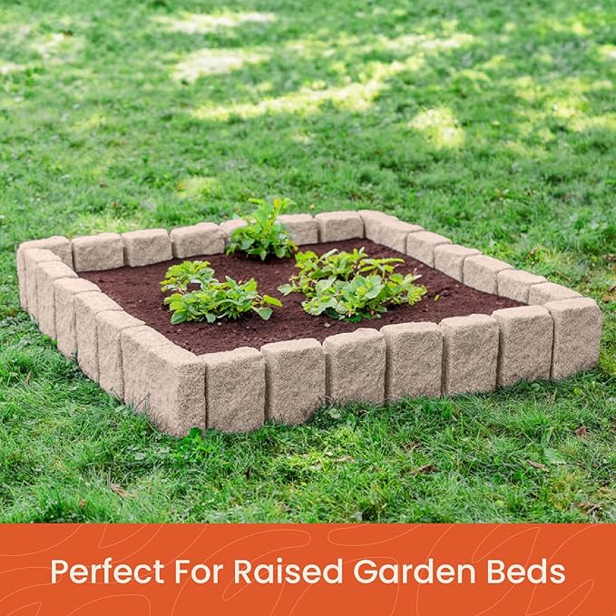 Beuta Landscape Edging | Garden Edging Border | Faux Stone Block XL for Lawn Edging, Flower Beds & Yard Edging – 4 Pack | Each Section Has 6 Blocks 48" L x 4" W x 9.5" H | 12 Spikes | Cobblestone