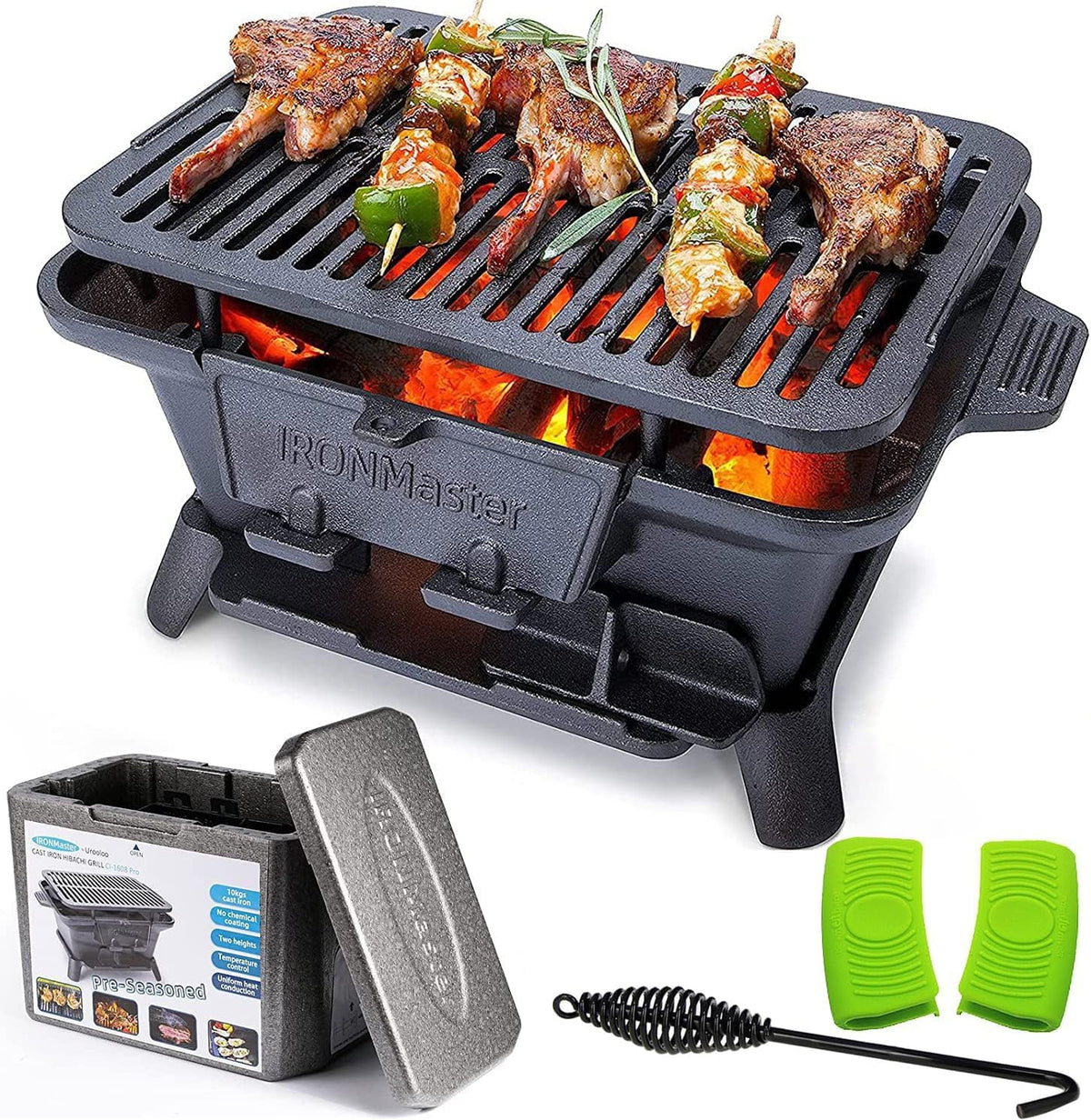 IronMaster Hibachi Grill Outdoor, Small Portable Charcoal Grill, 100% Pre-Seasoned Cast Iron, Japanese Yakitori Camping Grill - 2 Heights, Air Control, Coal Door + Carrying case