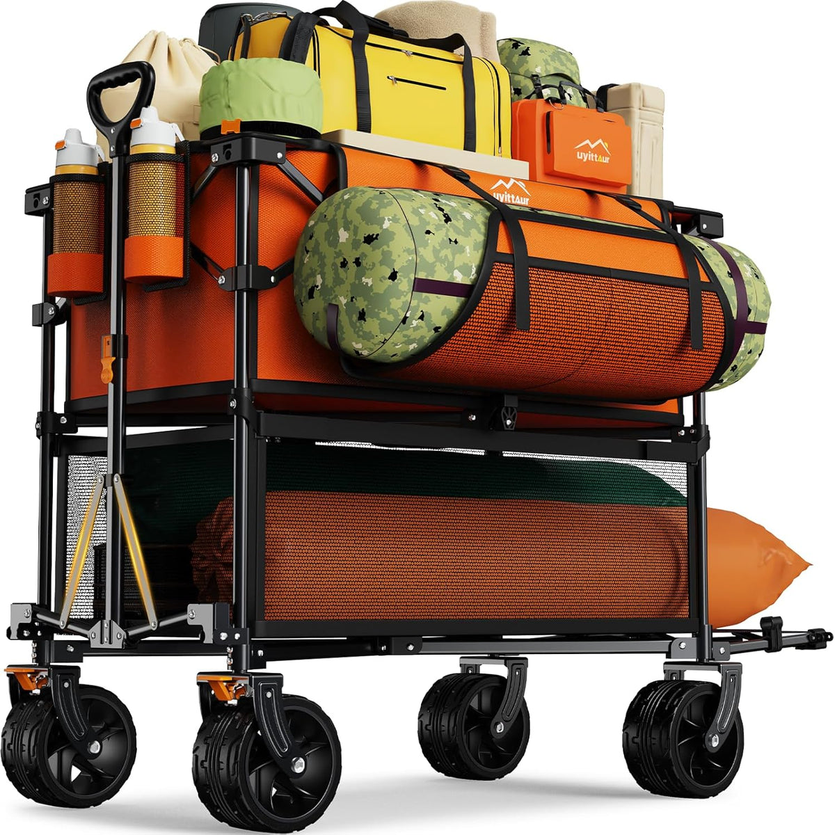 Foldable 50''L Extra Long Double Decker Wagon for Sport, 400L Collapsible Heavy Duty Wagon Cart with Big Wheels, Utility All-Terrain Large Extender Cart for Outdoors, Orange
