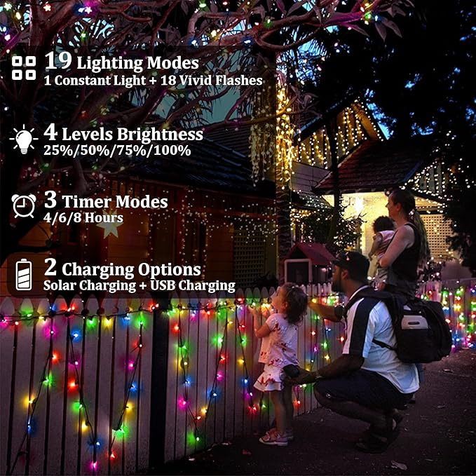 2-Pack 200FT Solar String Lights for Outside, 600 LED Extra-Bright Outdoor with 19 Modes & Timer, Waterproof Fairy Lights for Garden Patio Tree Christmas Decorations (Multicolor)