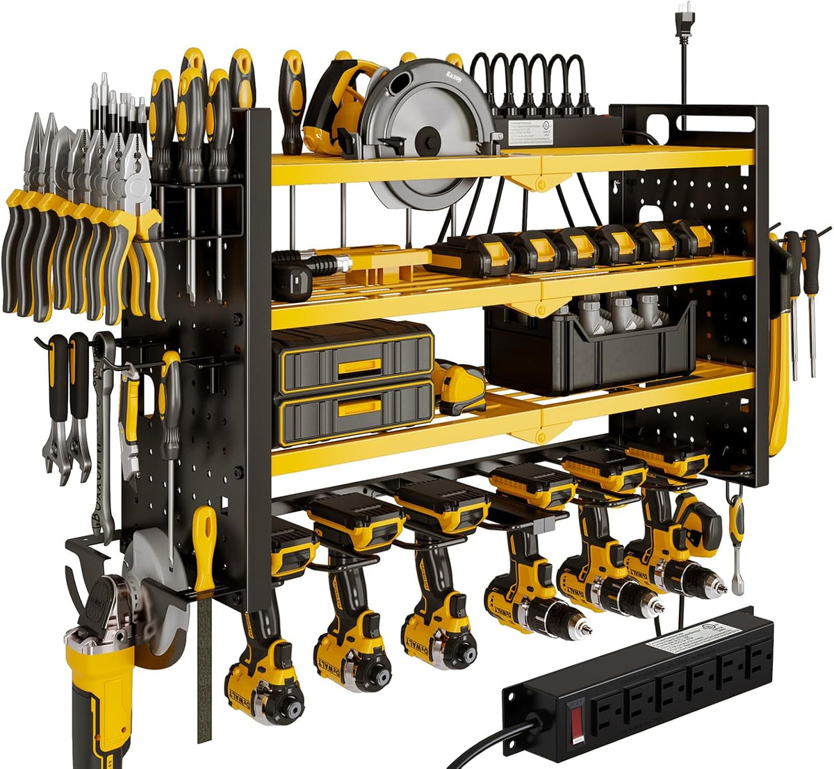 Power Tool Organizer Wall Mount with Charging Station 4 Layer 6 Slot Cordless Drill Holder with Angle Grinder Holder (Yellow)