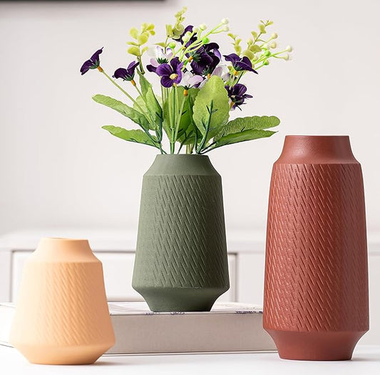 Ceramic Vase Set of 3, Modern Multicolor Pattern Flower Vases for Home Decor, Office, Centerpieces, Boho Farmhouse Style (Red/Green/Orange)