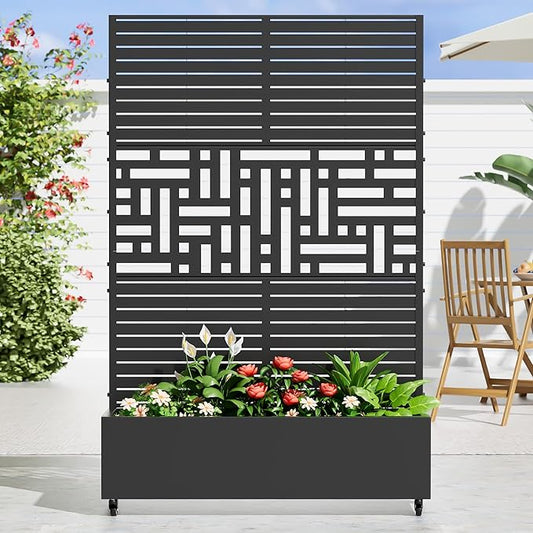 Casaphoria Metal Raised Garden Bed with Trellis and Wheels, 72"x47"x16" Planter Box for Climbing Plants, Vegetables & Vines, Features Drainage Holes and Privacy Screen, Black(Louvered&Helen)