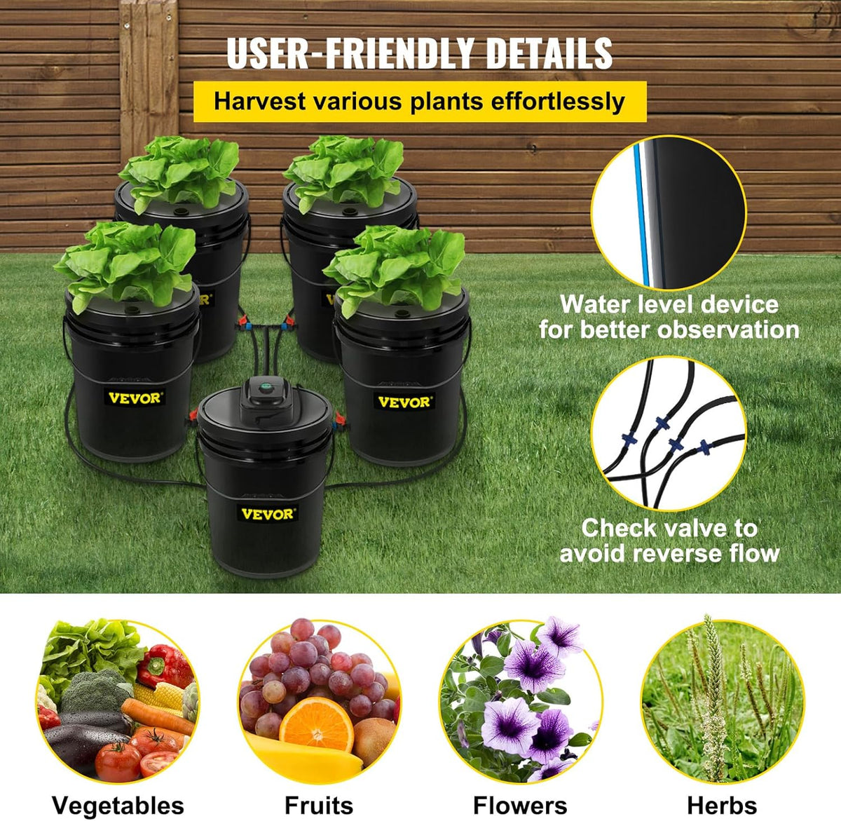 VEVOR DWC Hydroponic System, 5 Gallon 5 Buckets, Deep Water Culture Growing Bucket, Hydroponics Grow Kit with Pump, Air Stone and Connected Reservoir, for Indoor/Outdoor Leafy Vegetables