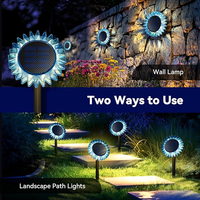 Hogni 4PK Solar Garden Lights, Ground Stake/Hang 2 in 1 Solar Sunflowers Outdoor Waterproof IP67, Outdoor Decor for Pathway Walkway Landscape Backyard Fence Decoration