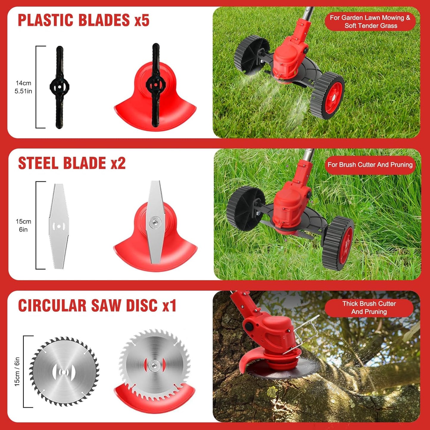 ALSO GO 24V Electric Weed Wacker, 3 in 1 Grass Trimmer with 2pcs Batteries & Fast Charger, Stringless Lightweight Weed Eater/Brush Cutter/Edger with 3 Types Blade & Wheels for Garden and Yard Lawn