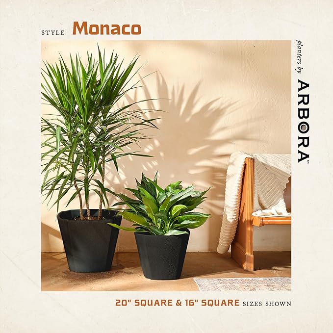 ARBORA 20" Monaco Square Polyresin Indoor and Outdoor Planter with Classic Black Finish - Durable, Weatherproof, Lightweight, Large Plant Pot for Patio, Garden, Deck, Entryway