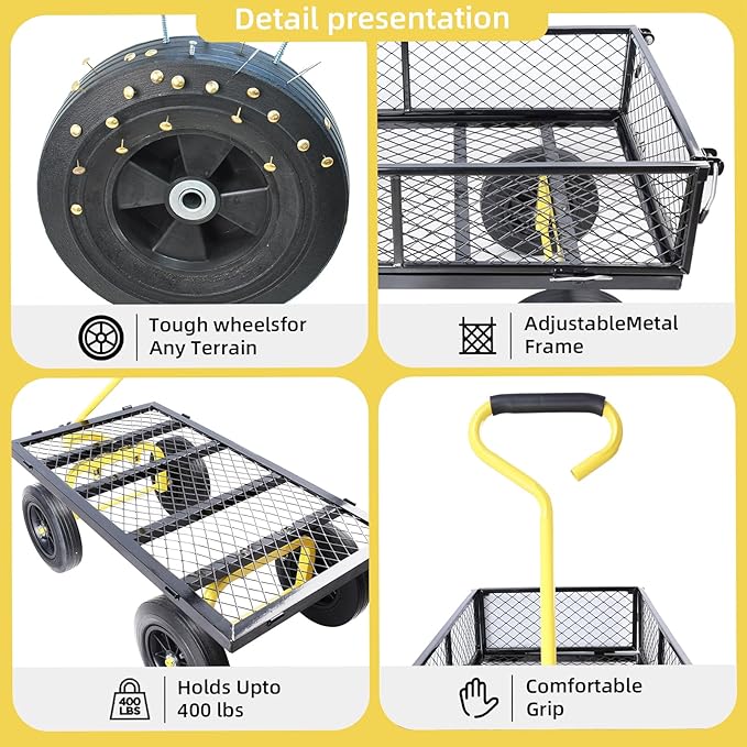 Heavy Duty 480 Lbs Capacity Mesh Steel Garden Cart Folding Utility Wagon with Removable Sides (Black+Yellow)