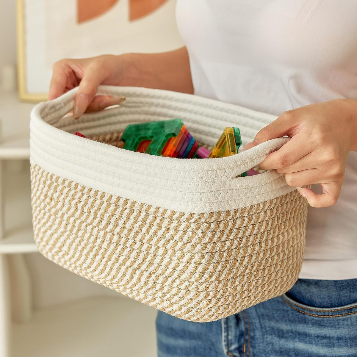 Small Cotton Rope Basket – Storage Bin for Organizing (10.6" x 6.7" x 6.7"), Bathroom Storage Basket for Shelf, Counter & Closet（White & Mixed Camel）