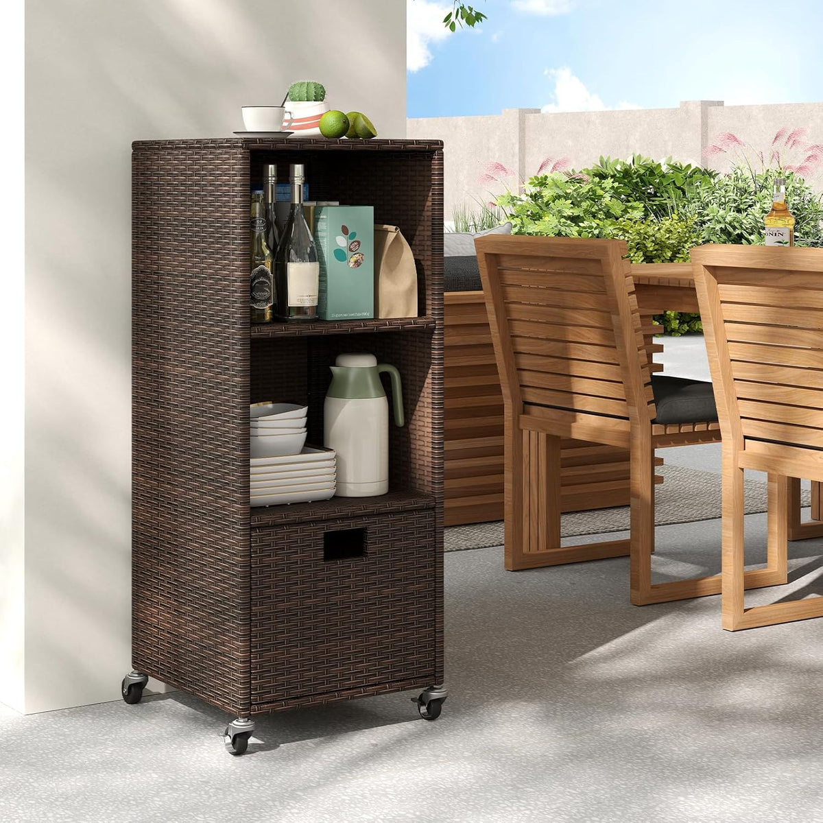 Tangkula Rattan Outdoor Storage Cabinet, Patiojoy Outdoor Wicker Cabinet with 3 Shelves, 1 Removable Drawer, 4 Wheels, Patio Storage Deck Box Cart for Backyard Poolside Porch (Mix Brown)