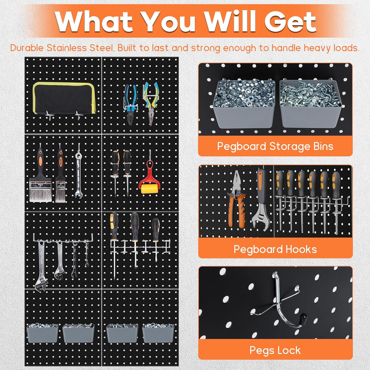 88 PCS Pegboard Panels Metal Black with Accessories Kit, Heavy Duty Steel Peg Boards Wall Tool Organizer with Screw, Bins, Hooks, Peg Locks for Garage, Tool Storage, Office, Craft Room, Kitchen