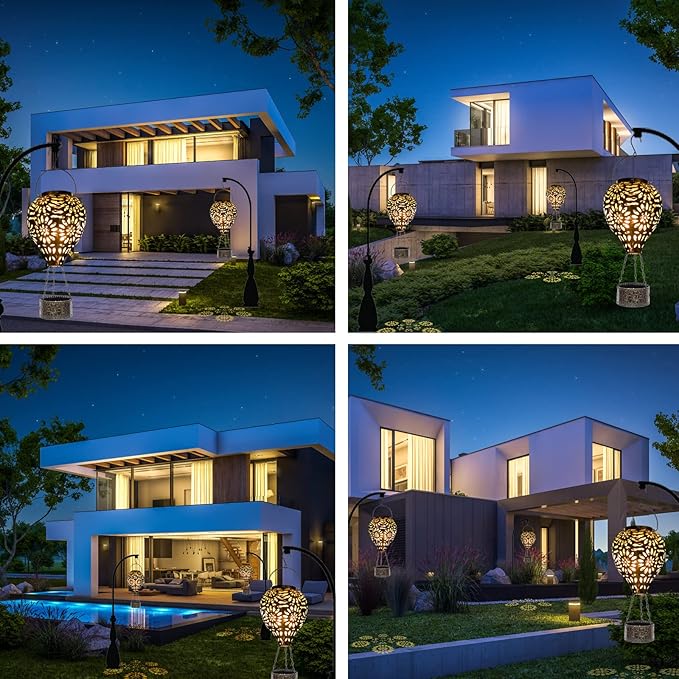 Hot Air Balloon Solar Lantern,Hanging Lantern Outdoor Waterproof Decorative Metal LED Solar Lights for Trees Patio Garden Yard Porch Decor, Gold