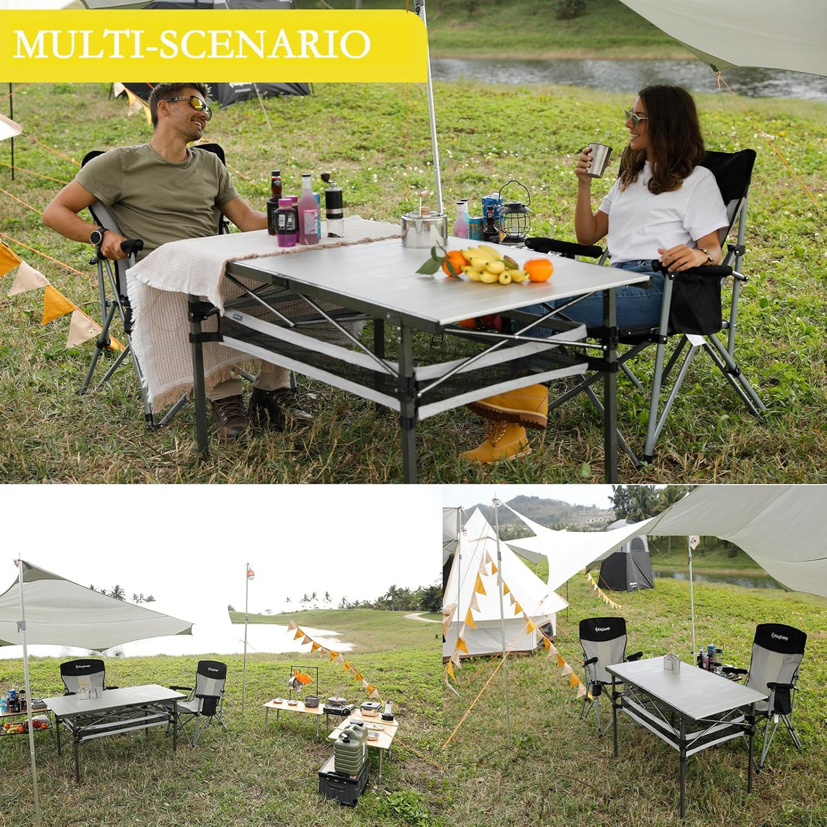 KingCamp Spacious Tabletop Area Aluminum Compact Roll 4-6 Person Stable Adjustable Feet Table with Carry Bag for Outdoor Camp Picnic, Black/Siver_53.5"×27.5" with Storage Layer