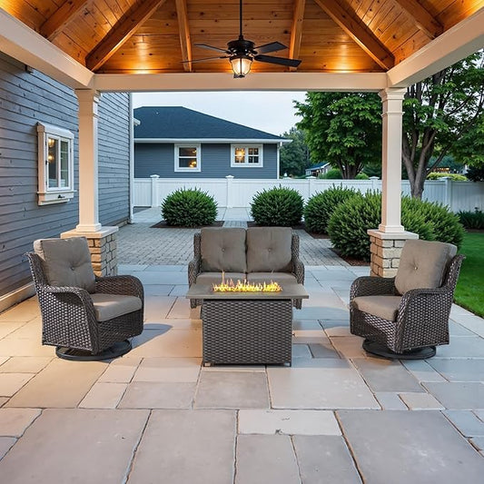 4 Piece Patio Furniture Set with Fire Pit Table - 41inch 50000 BTU Propane Fire Pit Table with High Back Loveseat Glider Chair and 2 Swivel Rocker Chair for Casual Gathering