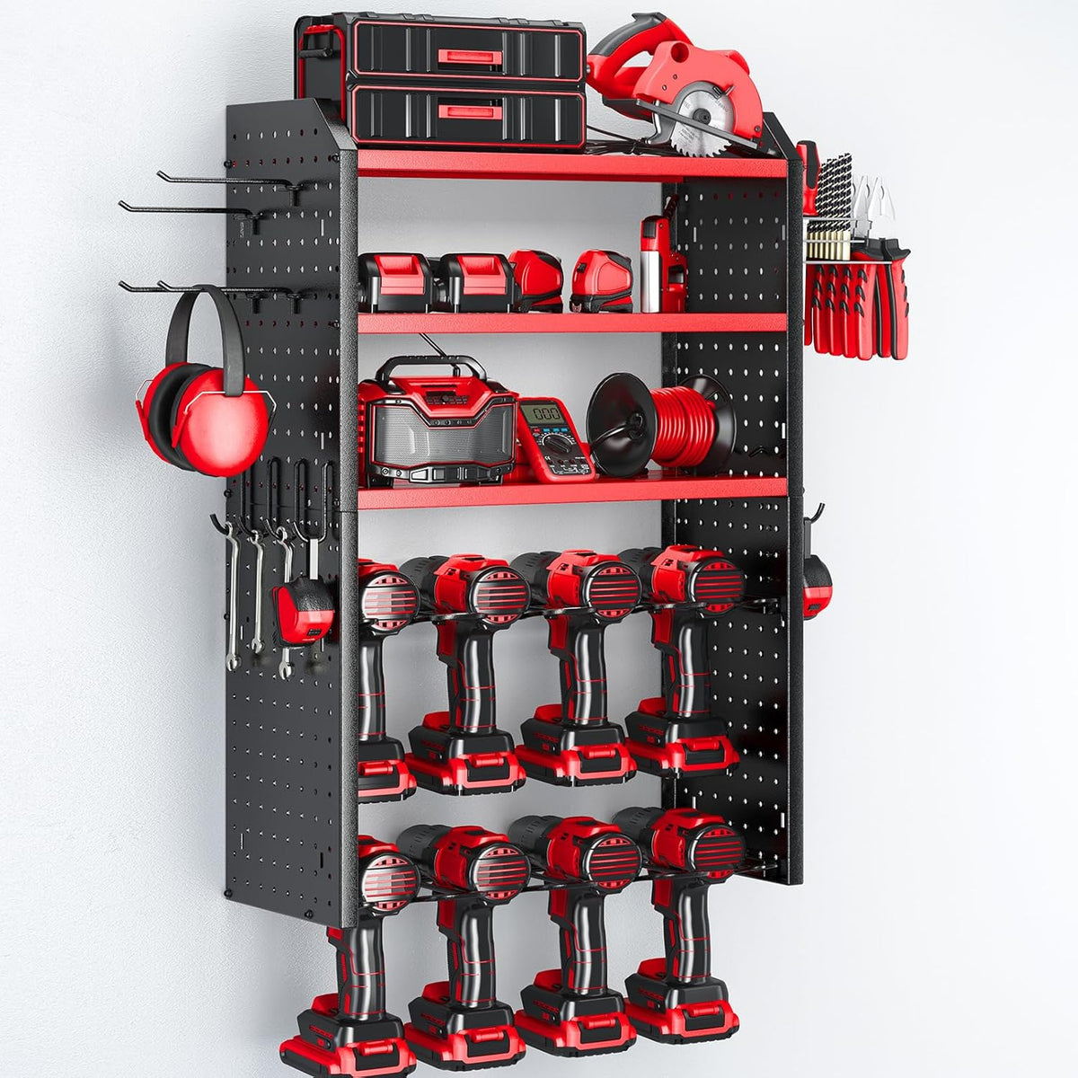KAFAHOM Power Tool Organizer, Large 8 Drill Holder Wall Mount with 2 Side Pegboards,5 Layer Heavy Duty Metal Tool Storage Rack, Tool Shelf for Garage Organization, Utility Battery Shelves - Red