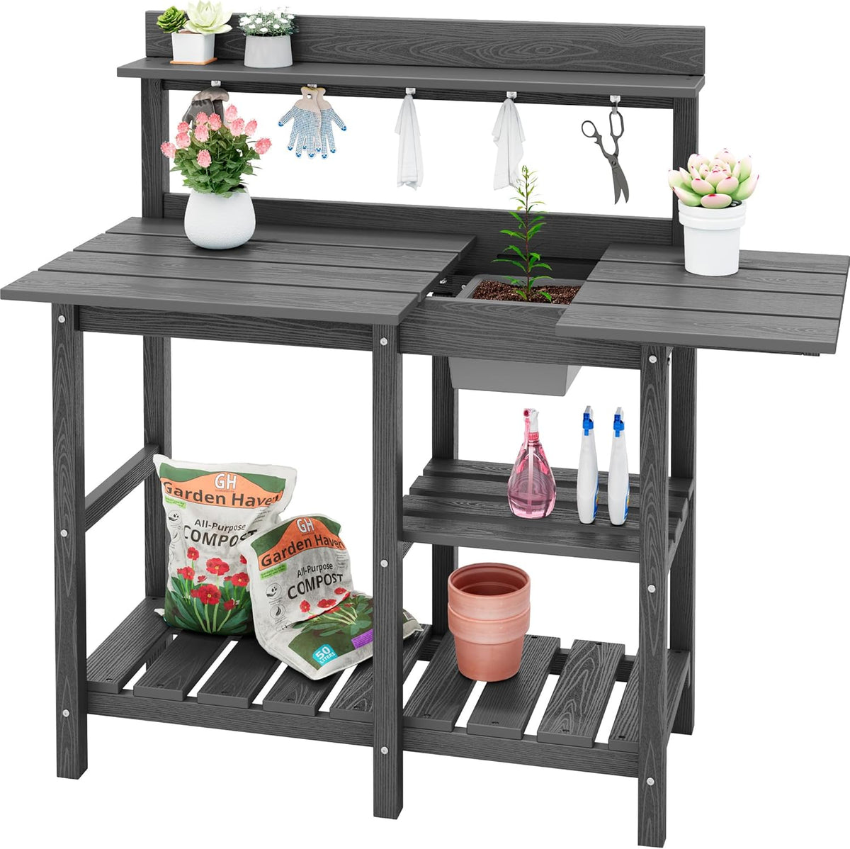 SERWALL Potting Bench Outdoor Potting Table with Sink, HDPE Potting Benches for Outside Gardening Table All Weather Use- Gray