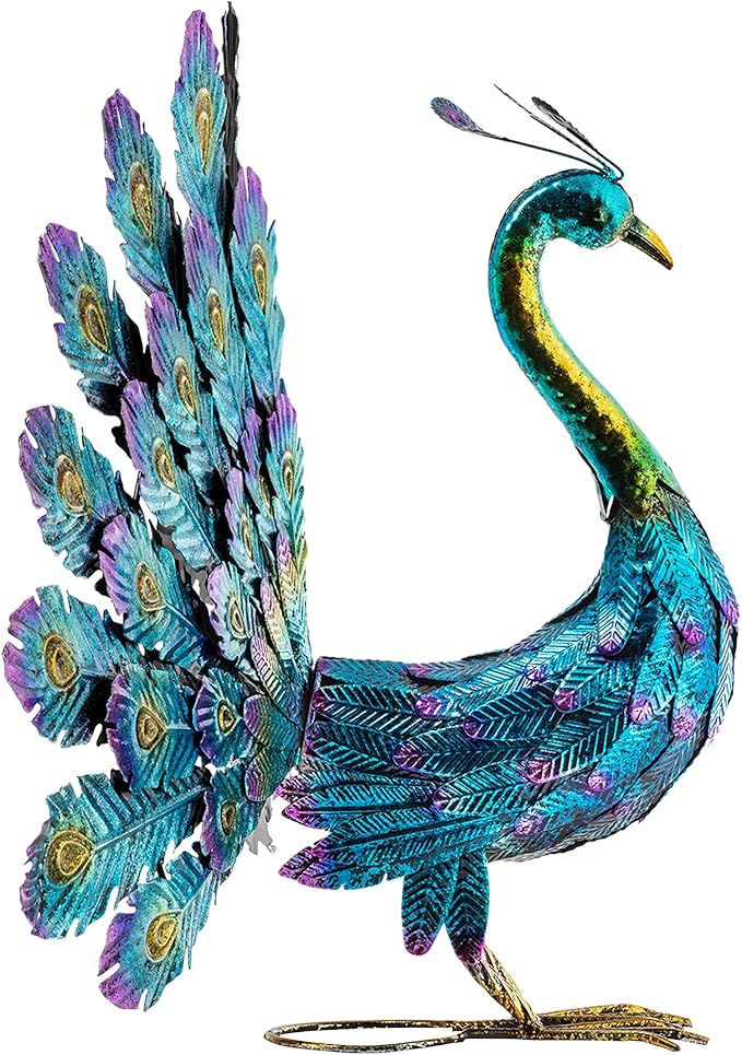 Alpine Corporation - 23" Tall Outdoor Metallic Peacock Tail Spread Yard Statue – Vibrant Garden Sculpture for Patio, Lawn, or Entryway (Multicolor)