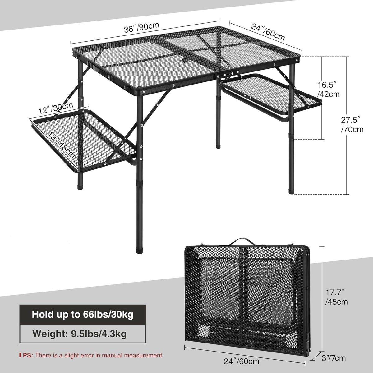 RedSwing Folding Grill Table with Extension Space, Adjustable Height Portable Large Stand Camp Table for Outdoor Indoor Camping Picnic BBQ, Black with Side Panels