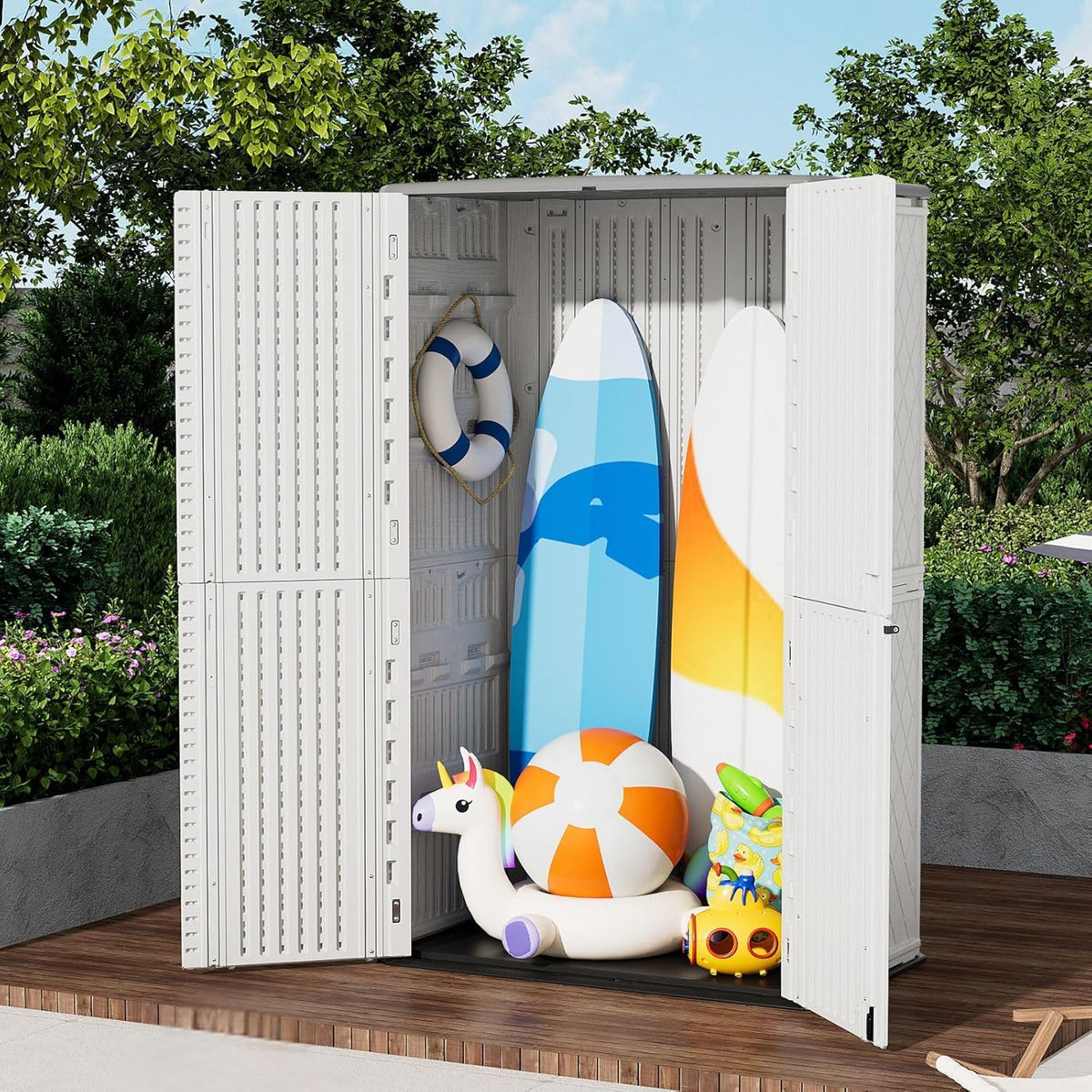 ZZM Large 67 Cu.ft Waterproof Storage Shed, Outdoor Storage Cabinet，Durable Resin Storage for Patio Furniture, Garden Tools, Pool Accessories, Mower Storage (White)