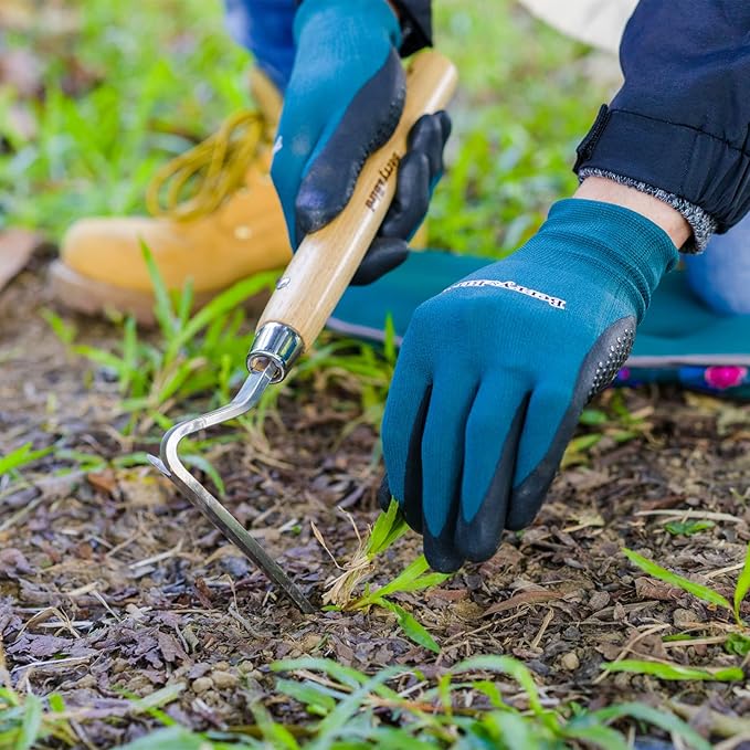 Berry&Bird Japanese Weeder-Scraper-Hoe, 12.67-Inch Gardening Sickle Hoe, Stainless Steel Bent Angle Weeding Sickle, Weeder Hoe with Ergonomic Ash Wood Handle for Weeding, Soil loosening, Digging
