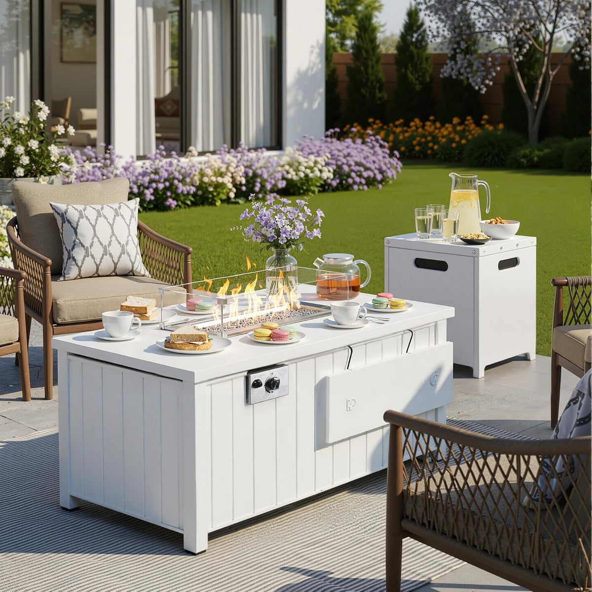 KOL 50,000 BTU Propane Fire Pit Table with Cabinet-39.5in White Gas Fireplace with Glass Wind Guard & Lid, Outdoor Rectangular Cold Rolled Plate Plastic Spraying Firepits for Patio, Backyard, Balcony