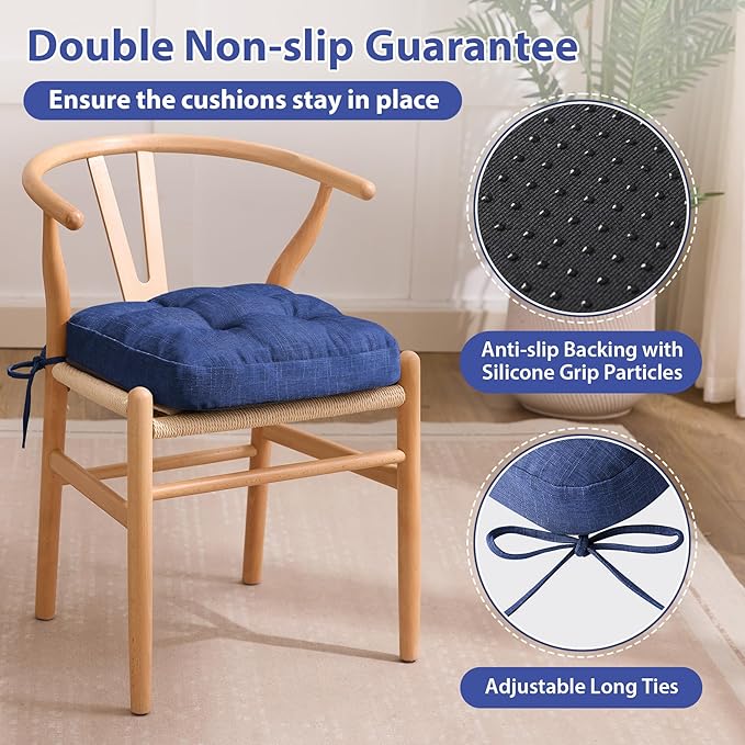 Chair Cushions for Dining Chairs, Dining Chair Cushions, Tufted Indoor Chair Pads with Ties & Non Slip Backing, Seat Cushions for Kitchen Chairs 16.5” x 16.5” x 3.5”, Set of 6, Navy Blue