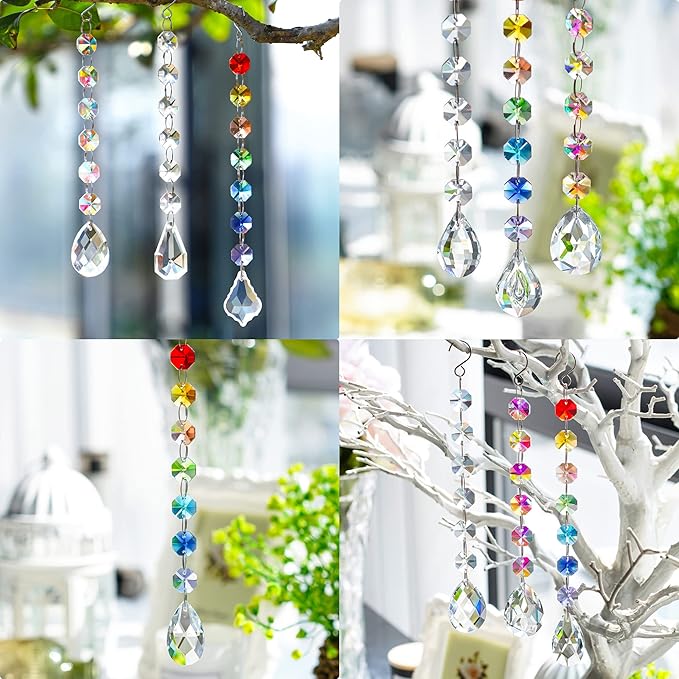 12Pcs Clear Crystal Suncatchers Prisms DIY Kit,Glass Suncatchers Hanging Crystals Ornament,Sun Catcher with Glass Beads,Prisms Rainbow Pendant for Window Home Office Garden Decoration