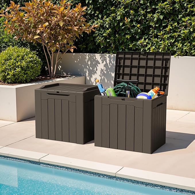 Greesum 31 Gallon Deck Box for Outside, All Weather Outdoor Storage Boxes for Patio Furniture Set, Package Delivery Box, Garden Tools, Brown(Set of 2)
