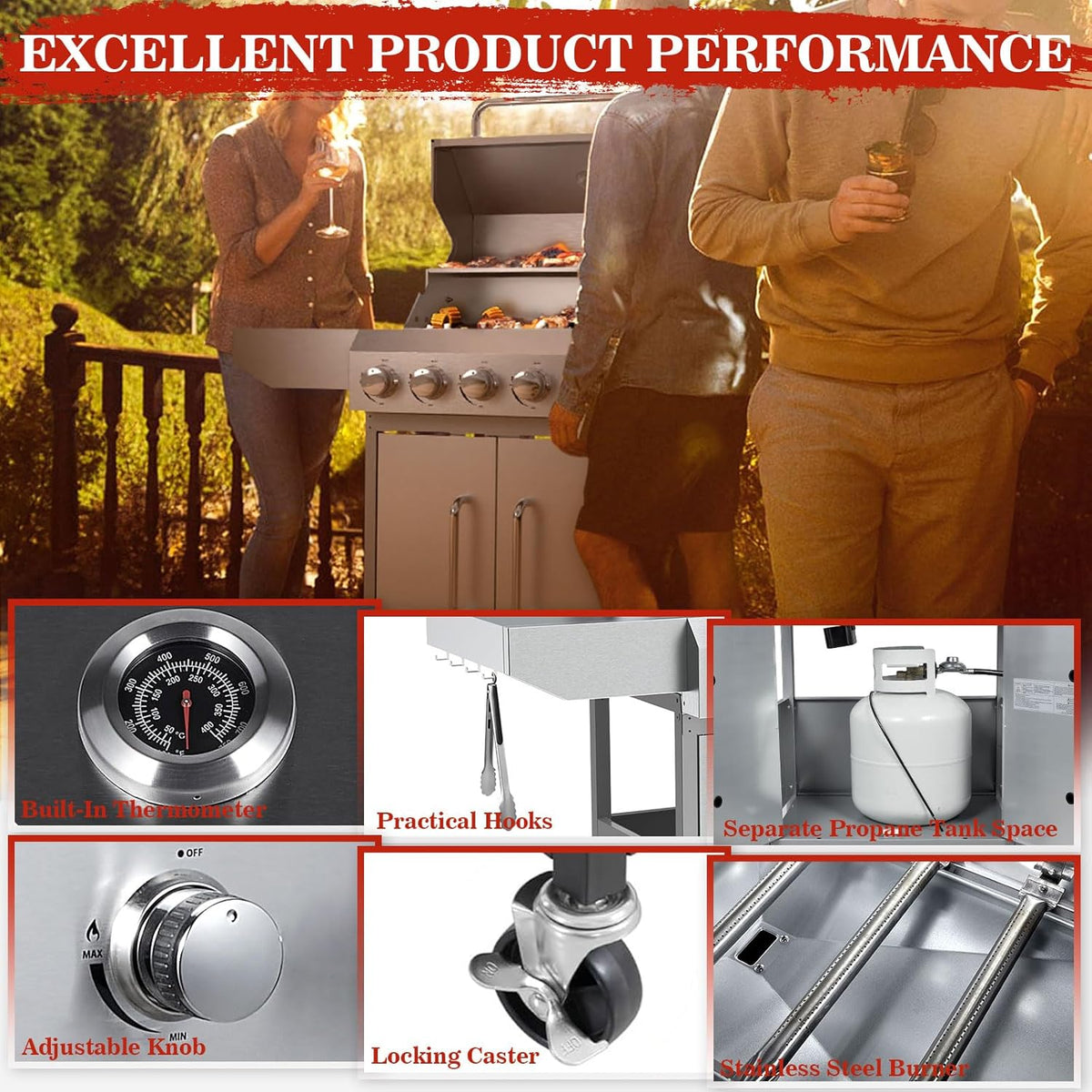 Llamaviva 68,000 BTU 5-Burner Propane Gas Grill with Side Burner & Food Clip | Professional Stainless Steel Outdoor BBQ Grill | 647 sq in Cooking Space + Warming Rack | Patio Cart Design for Backyard