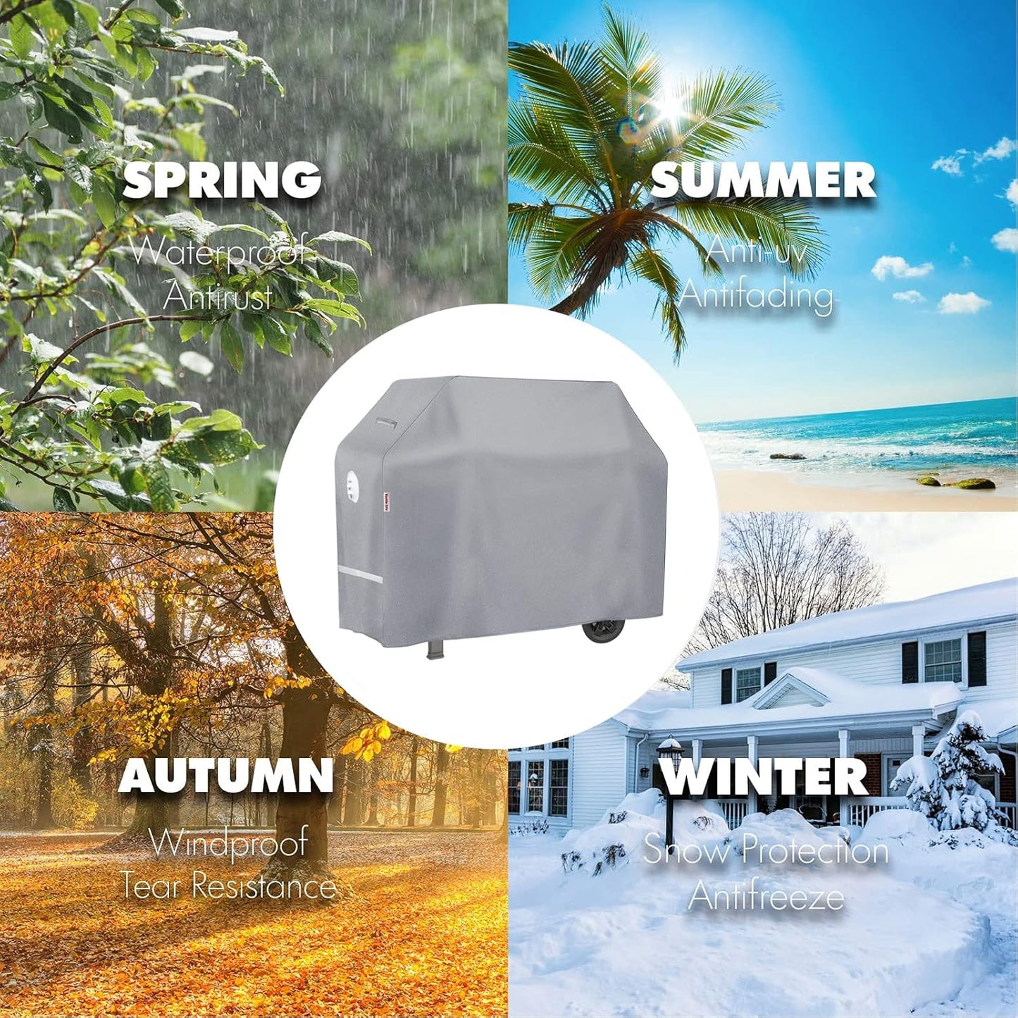 BBQ Grill Cover, 60 Inch Heavy Duty Waterproof 3-4 Burner Barbecue Gas Grill Covers for Weber Genesis Char-Broil Brinkmann, Gray