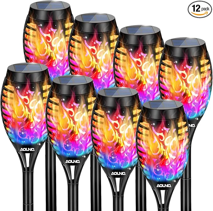 8 Pack Solar Torch Lights Outdoor Waterproof - Multicolor Flickering Flame, Outdoor Solar Garden Lights for Yard, Tiki Torches for Outside Patio Pathway Decorations