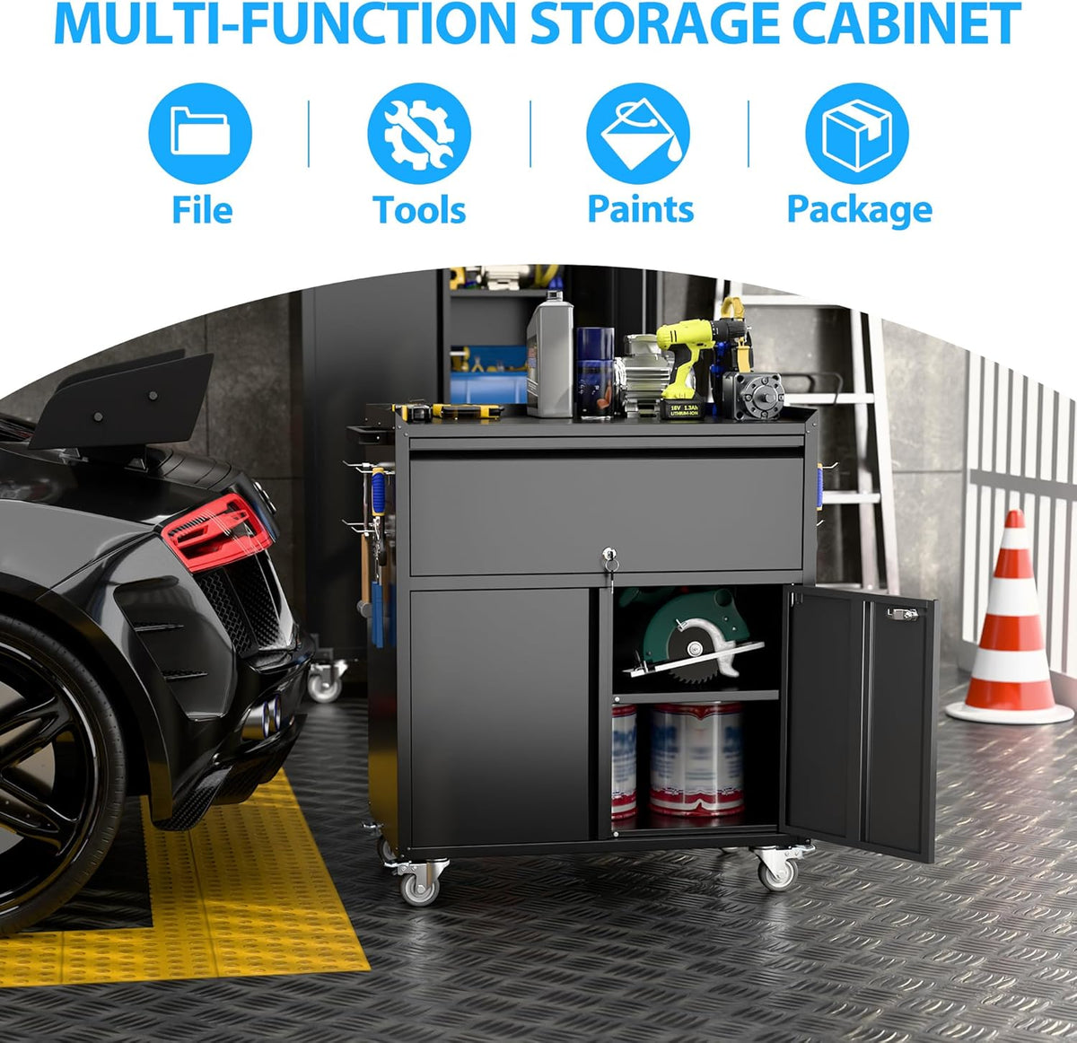 Metal Garage Storage Cabinet with Wheels and Pegboard, 35.4" H Lockable Tool Storage Cabinet with One Drawer, Adjustable Shelf and 4 Hooks for Garage, Warehouse, Black