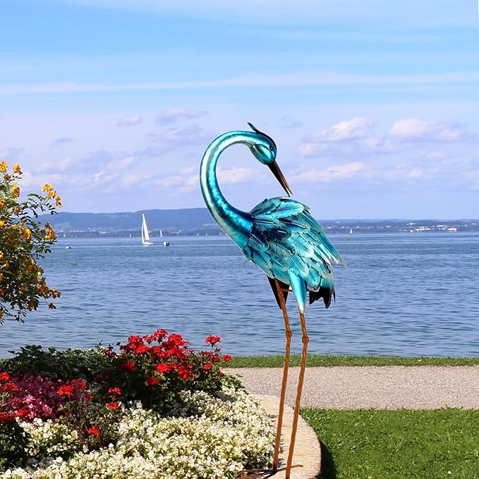 Chisheen Crane Metal Outdoor Blue Heron Sculpture Large Garden Heron Decoy Bird Statue Lawn Ornament for Backyard Pond Patio Porch Outside Decoration