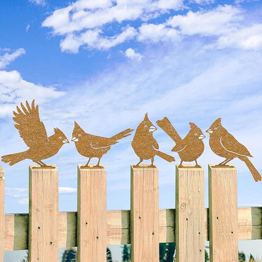 5Pcs Metal Birds Cardinal Craft Statue Ornaments Fence Topper Decor, Rusty Birds Metal Art for Fence Decorations Outdoor, Metal Bird Silhouette with Rusty Yard Art