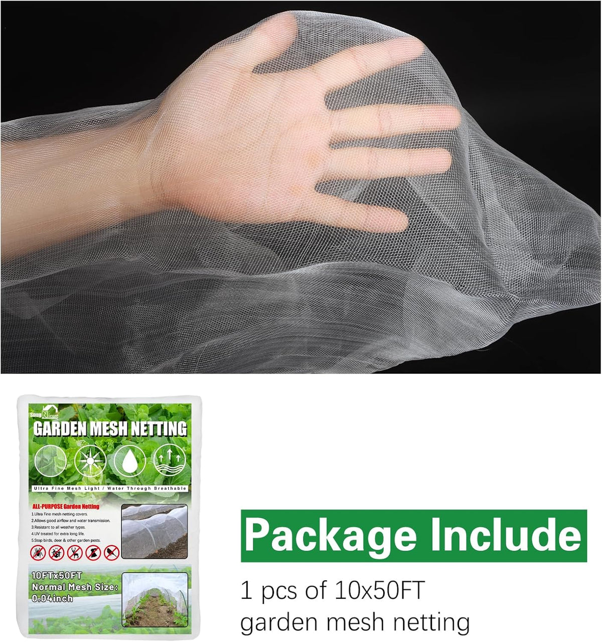 SnugNiture Garden Netting 10x50FT Ultra Fine Mesh Mosquito Netting Plant Covers, White Bird Netting Barrier Greenhouse Row Cover Protect Fruits Flower Vegetables from Birds Deer & Squirrels