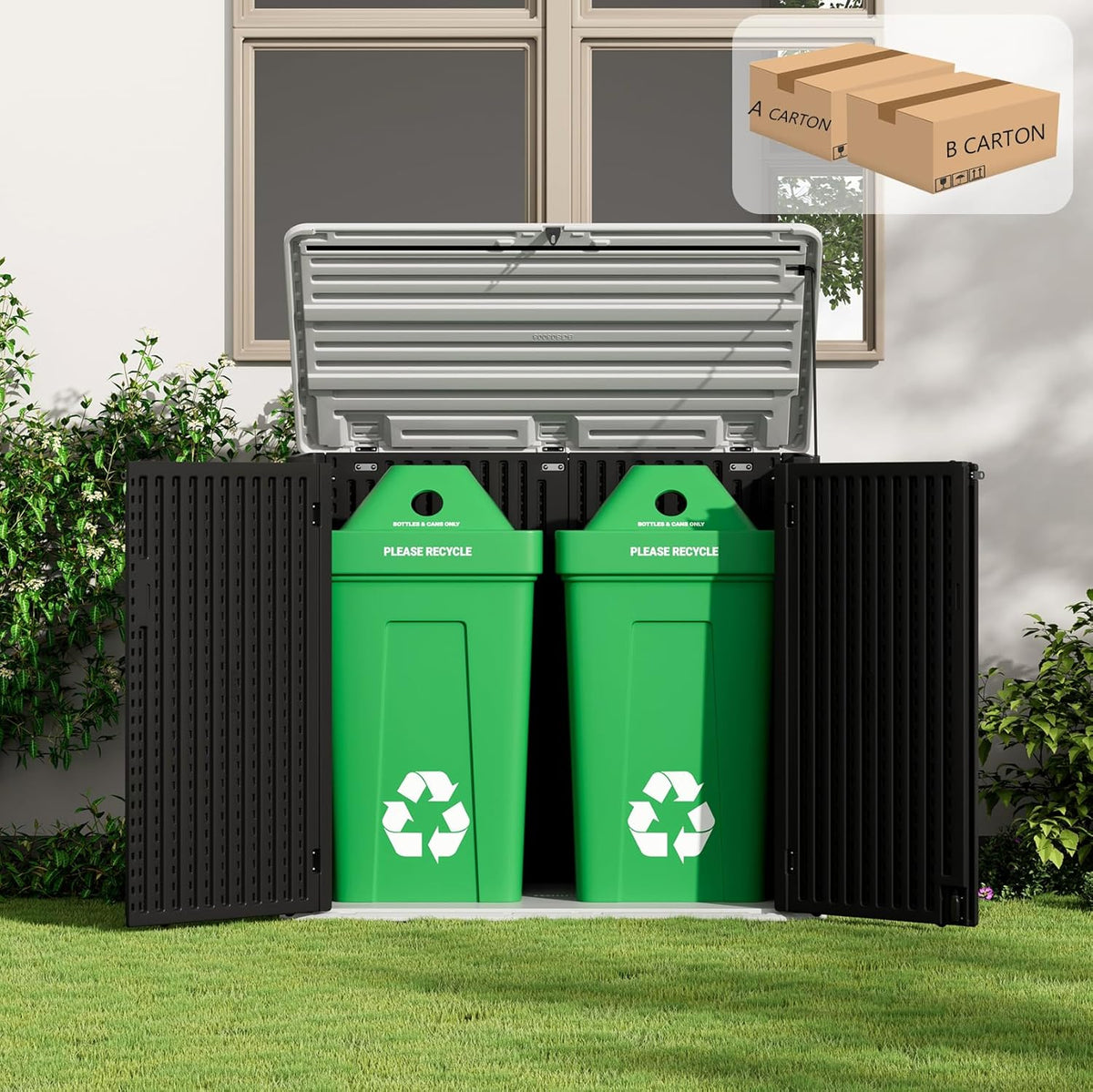 ZZM Large Outdoor Storage Shed, 48 Cu Ft Resin Versatile Storage Cabinet for Patio Accessories, Trash Cans & Garden Tools, Durable Horizontal Storage Box with Lockable Lid (Black)