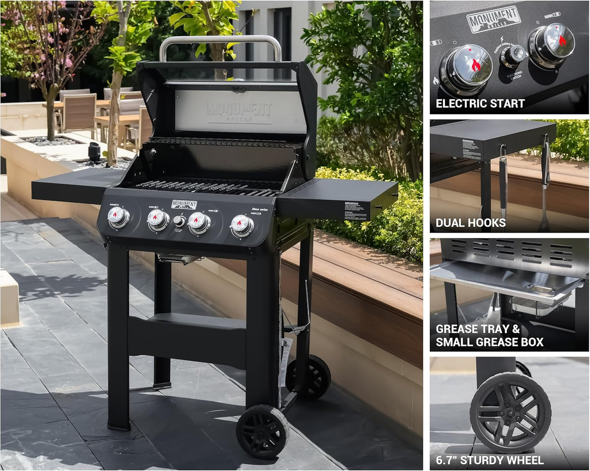 Monument Grills 4-Burner Liquid Propane Gas Grill, Matte Black Stainless Steel Burner Grill with Clearview® Lid and One Foldable Shelf for Outdoor Cooking Kitchen Patio Backyard Barbecue, Mesa420MF