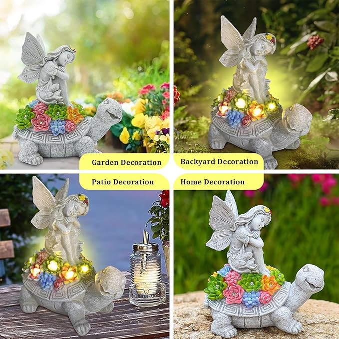 Choies Solar Angel Garden Statue Outdoor,Little Angel Sitting on Turtle Garden Sculpture for Outside,Angels Figurines Gifts for Women,Mom,Angel Outdoor Decoration for Home,Garden,Patio,Yard