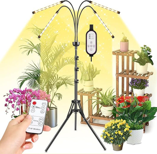 Grow Lights for Indoor Plants Full Spectrum with 15-63 inches Adjustable Tripod Stand Plant Light with 4/8/12H Timer with Remote Control