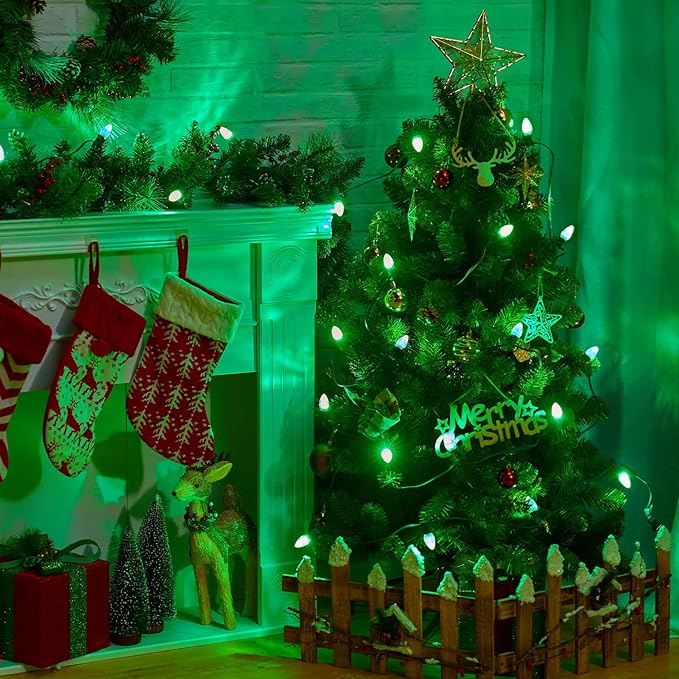 Green C7 LED Christmas String Lights, 25FT Shatterproof Christmas Lights with 25+1 Bulbs, Outdoor String Lights for Christmas Tree Patio Roofline Garden Yard Party Backyard Holiday Decorations