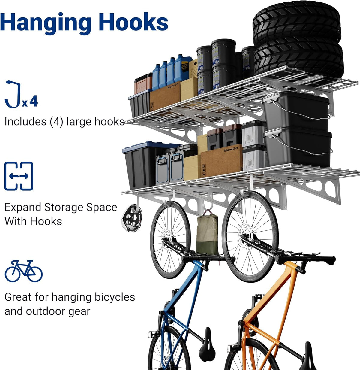 FLEXIMOUNTS 2-Pack 2x6ft Garage Shelving with Hooks, 24-inch-by-72-inch Wall Shelf Garage Storage Racks Floating Shelves, White