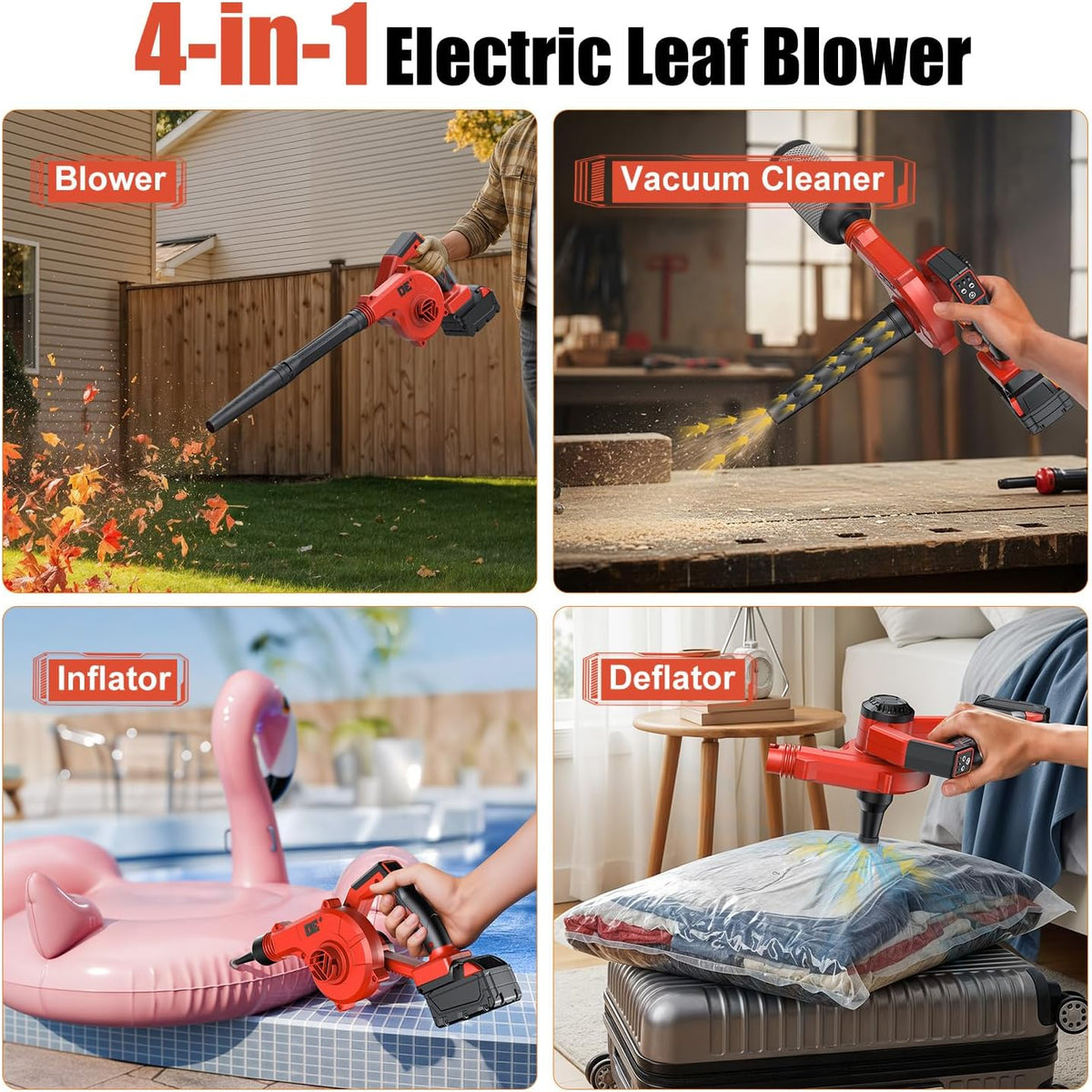 DeForce Cordless Leaf Blower for Milwaukee 18V Battery, 4 in 1 Blower/Vacuunm/Inflator/Deflator, Electric Mini Leaf Blower, 3 Speeds, 190 MPH with Extended Tube for Lawn Care(Bare Tool Only)