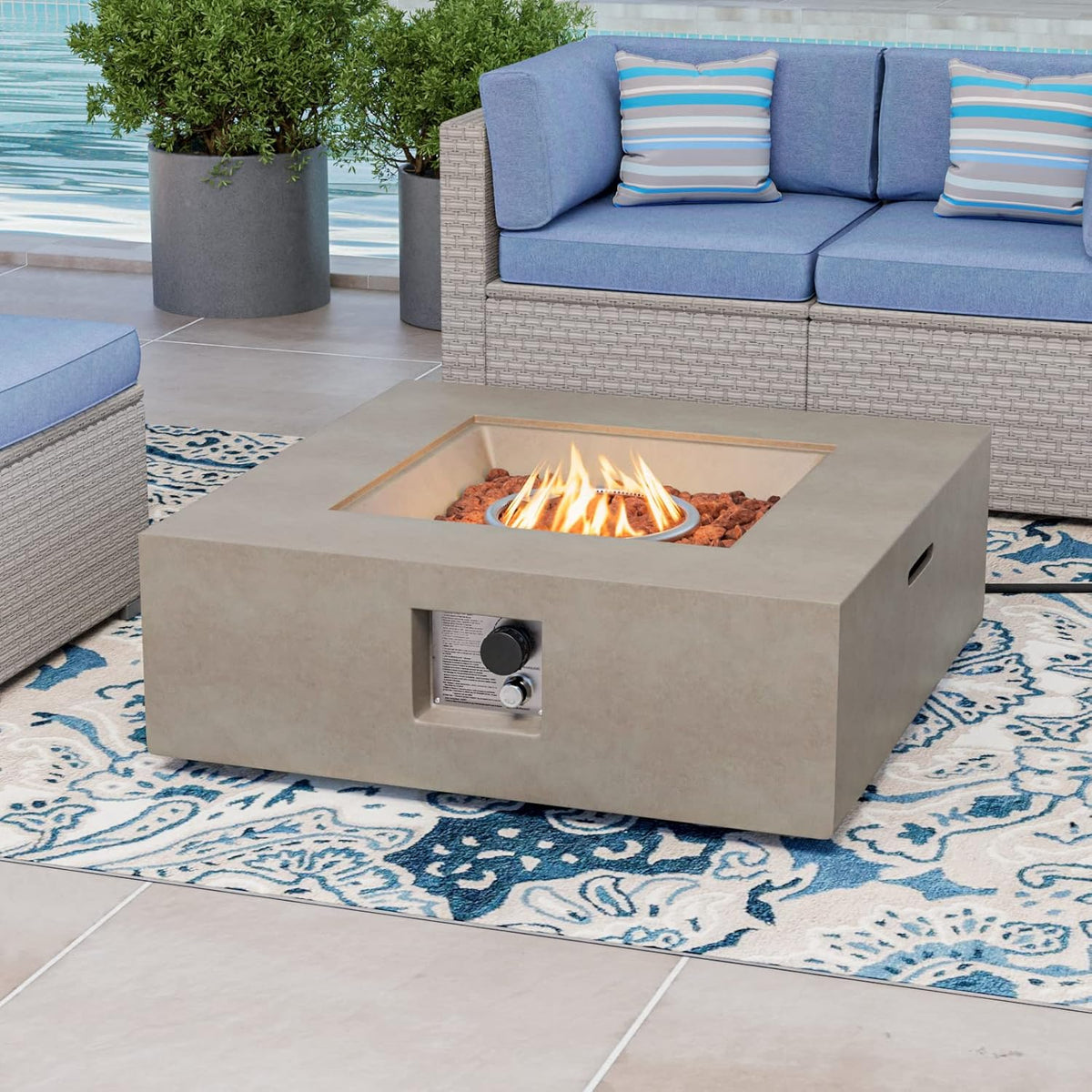 COSIEST Outdoor Propane Fire Pit Coffee Table w Square Faux Stone 35-inch Base, 50,000 BTU Stainless Steel Burner, Free Lava Rocks and Rain Cover(Gray)